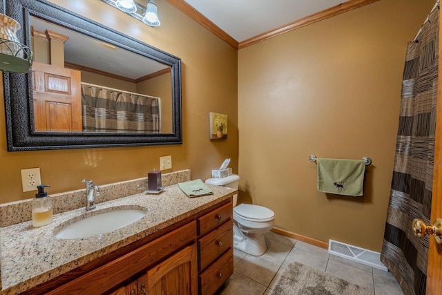 full bath with visible vents, toilet, ornamental molding, tile patterned flooring, and baseboards