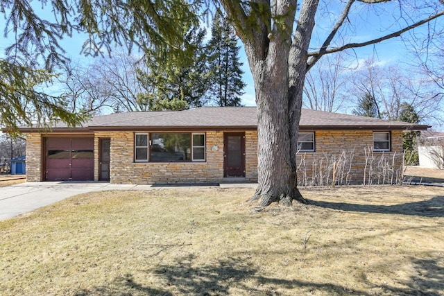 ranch-style house featuring driveway, stone siding, roof with shingles, a front yard, and a garage