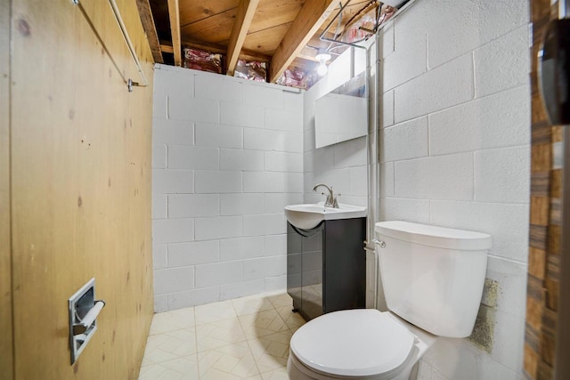 half bath with vanity, concrete block wall, and toilet