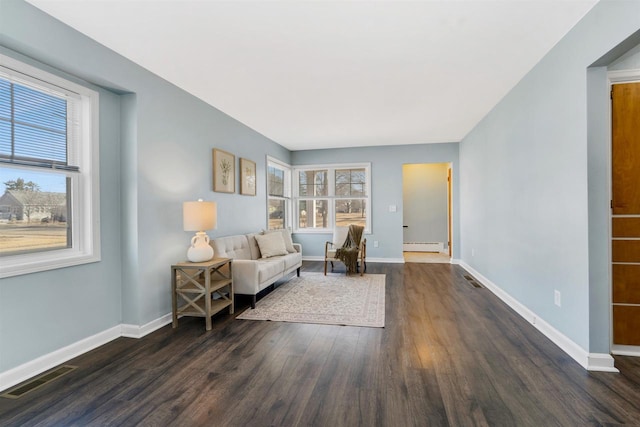 sitting room with baseboards, visible vents, dark wood-style flooring, and a baseboard radiator