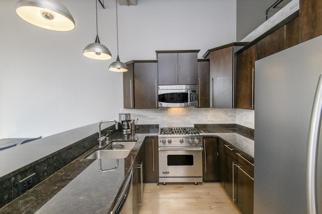 kitchen with dark stone countertops, a sink, decorative backsplash, dark brown cabinetry, and stainless steel appliances