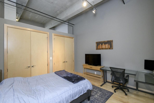 bedroom with track lighting, wood finished floors, baseboards, and multiple closets