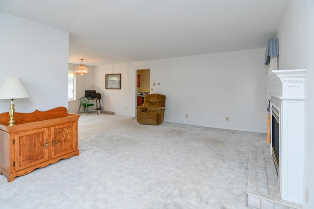 living room with light carpet and a fireplace