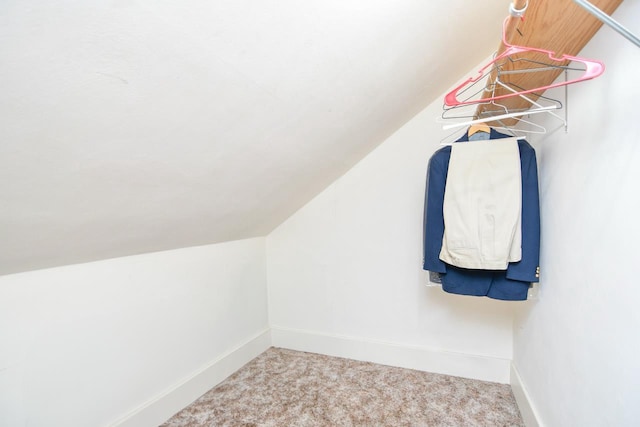 walk in closet with vaulted ceiling and carpet floors