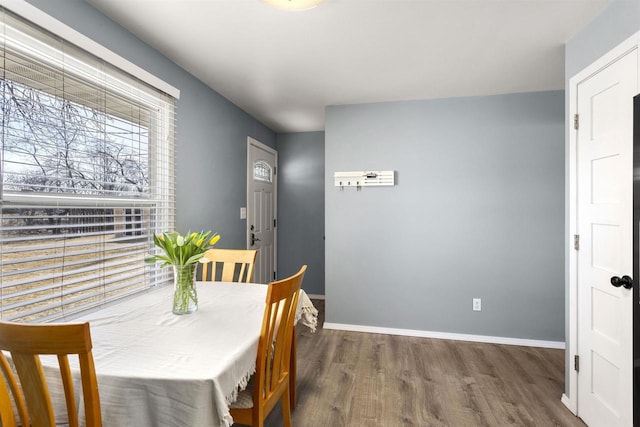 dining space featuring baseboards and wood finished floors