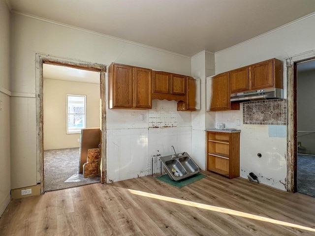 kitchen with crown molding, light wood-style flooring, brown cabinetry, and under cabinet range hood