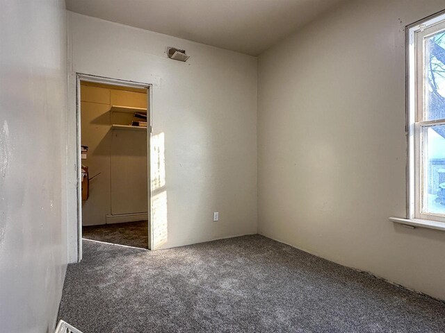 unfurnished bedroom featuring a spacious closet and carpet flooring