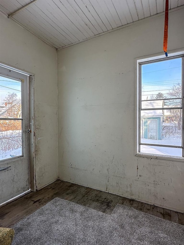 spare room featuring wood ceiling and wood finished floors