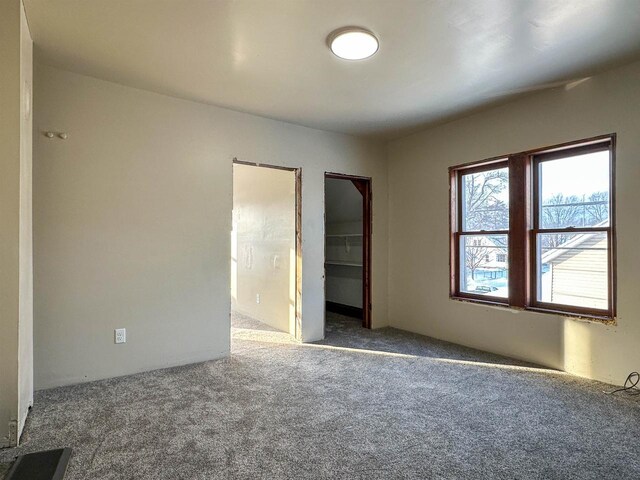 unfurnished bedroom featuring a closet, carpet flooring, and a walk in closet