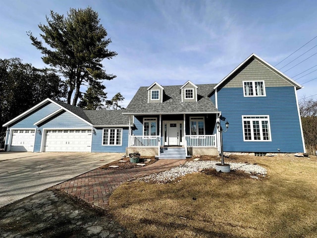 view of front of home with covered porch, driveway, a shingled roof, and a garage