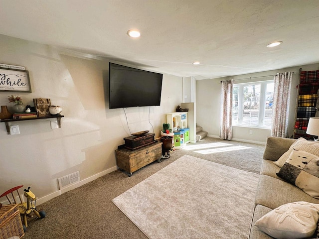 carpeted living room featuring visible vents, recessed lighting, stairs, and baseboards