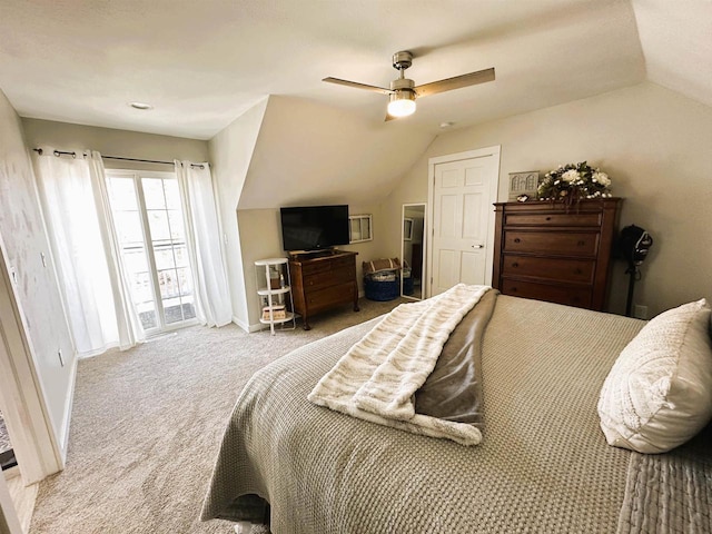 carpeted bedroom with a ceiling fan, vaulted ceiling, access to exterior, and baseboards