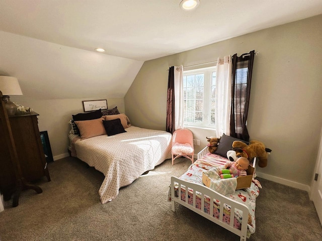 carpeted bedroom with recessed lighting, baseboards, and lofted ceiling