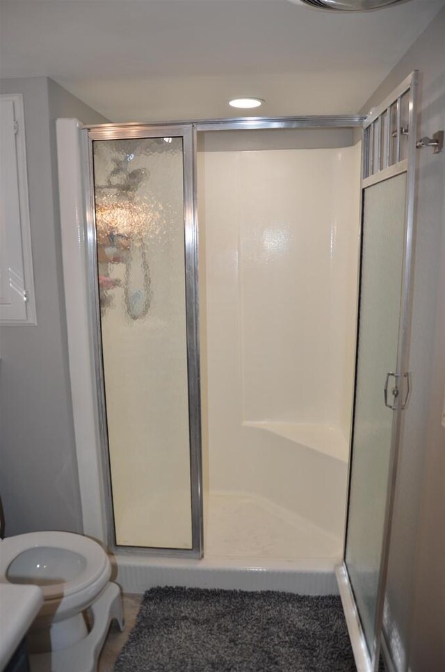 full bathroom featuring toilet and a stall shower