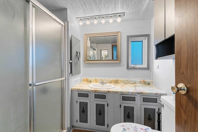 bathroom with vanity, a shower stall, toilet, and track lighting