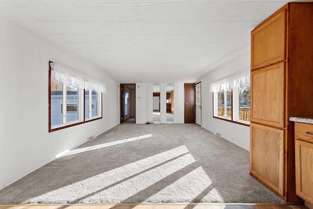 unfurnished living room featuring light colored carpet