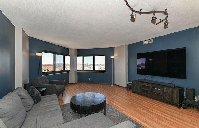 living room featuring a textured ceiling and wood finished floors