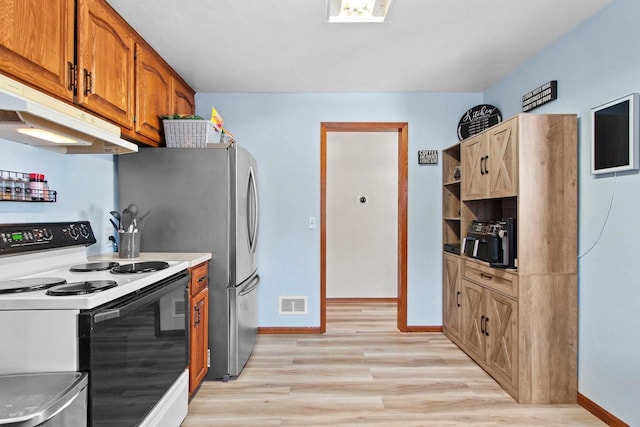 kitchen featuring electric range, visible vents, under cabinet range hood, brown cabinetry, and light wood finished floors