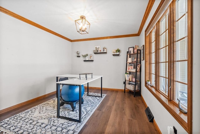 office space featuring wood finished floors, baseboards, visible vents, crown molding, and a notable chandelier