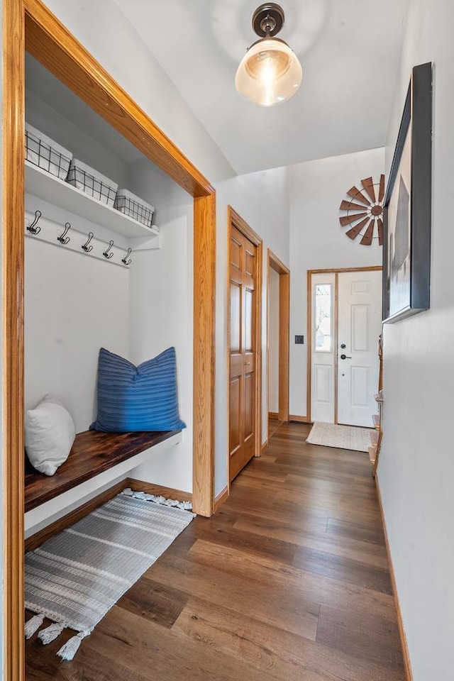 foyer with baseboards and wood finished floors