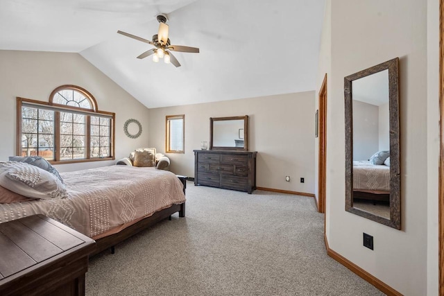 bedroom featuring light colored carpet, high vaulted ceiling, baseboards, and a ceiling fan