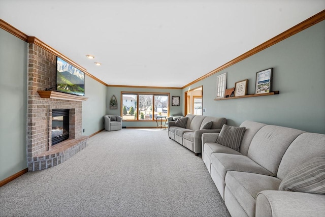 carpeted living area with baseboards, a fireplace, and crown molding