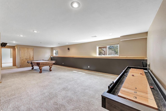 recreation room with pool table, recessed lighting, carpet, and baseboards