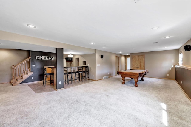 rec room with baseboards, billiards, a dry bar, and carpet flooring