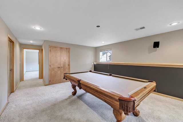 recreation room featuring pool table, baseboards, visible vents, and light carpet