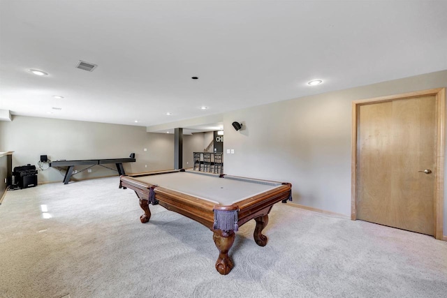 recreation room with recessed lighting, visible vents, carpet floors, and baseboards