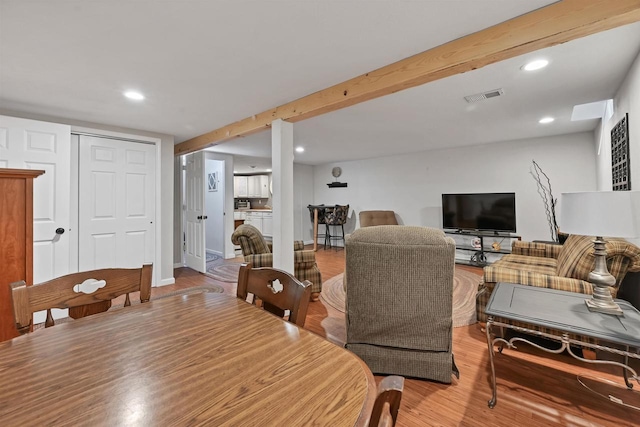 interior space with recessed lighting, visible vents, beam ceiling, and wood finished floors