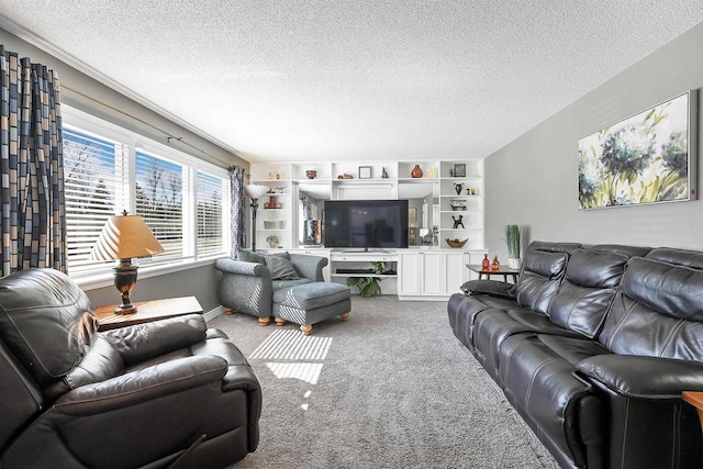 carpeted living room featuring a textured ceiling