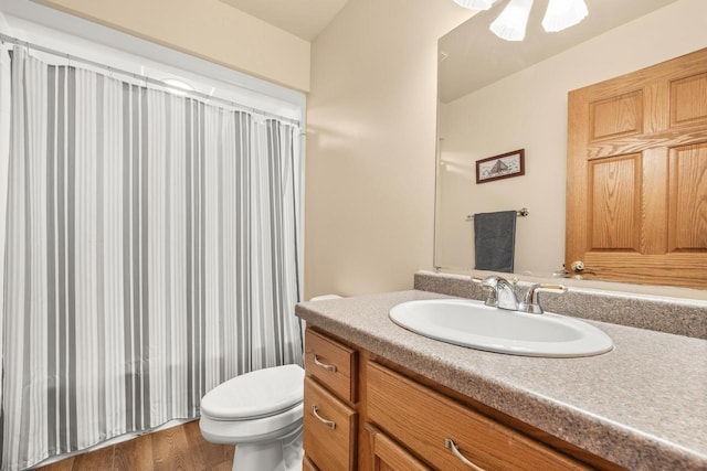 bathroom with vanity, toilet, and wood finished floors