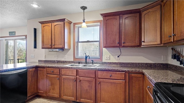 kitchen with dark countertops, black dishwasher, a healthy amount of sunlight, and a sink