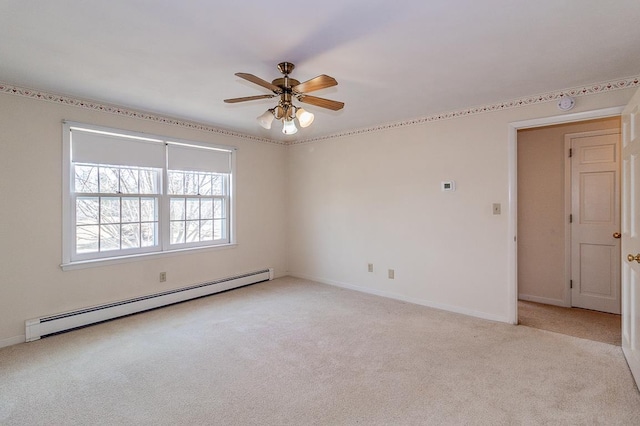 unfurnished room with light carpet, a ceiling fan, baseboards, and a baseboard radiator