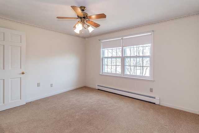 carpeted empty room with a ceiling fan, baseboards, and a baseboard radiator