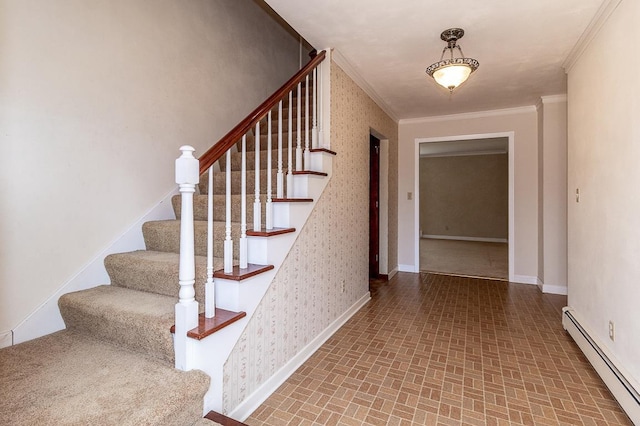 stairs featuring wallpapered walls, crown molding, brick floor, and a baseboard radiator