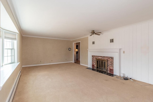 unfurnished living room with visible vents, ornamental molding, a baseboard heating unit, light colored carpet, and a brick fireplace