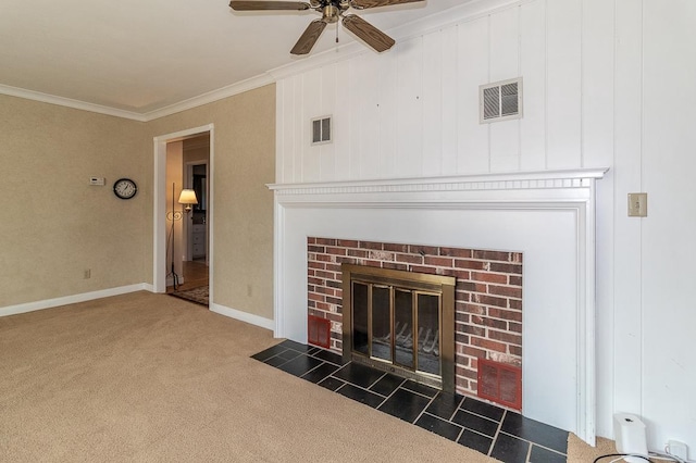 room details featuring visible vents, a fireplace, carpet, and ornamental molding