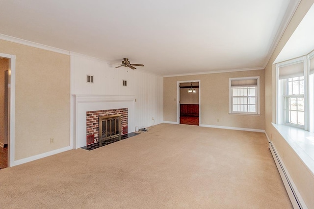 unfurnished living room featuring a baseboard heating unit, a brick fireplace, ornamental molding, and carpet flooring