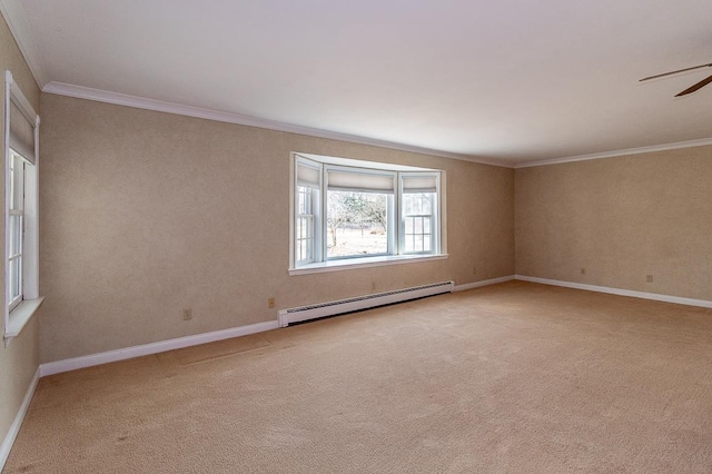 unfurnished room with baseboards, carpet floors, ceiling fan, ornamental molding, and baseboard heating