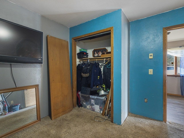 carpeted bedroom featuring a closet and a textured wall