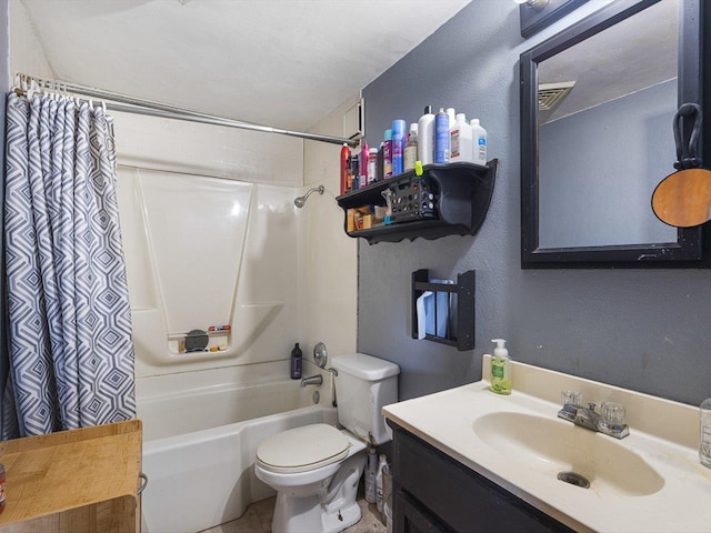 bathroom featuring visible vents, toilet, shower / tub combo, vanity, and a textured wall