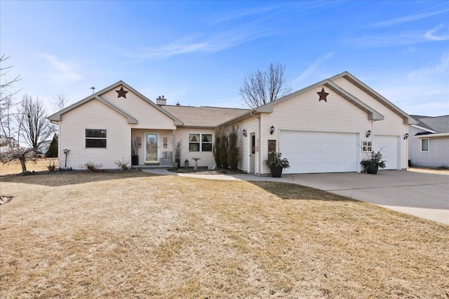 single story home with a chimney, a front lawn, concrete driveway, and a garage