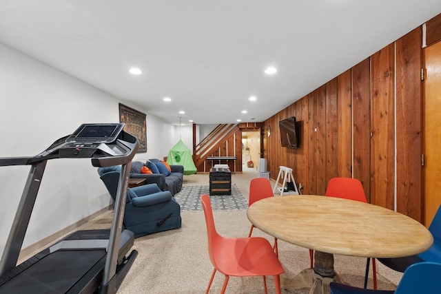 1914 Eastwood Ave, Janesville, WI 53545 - exercise room featuring recessed lighting, carpet floors, and wooden walls
