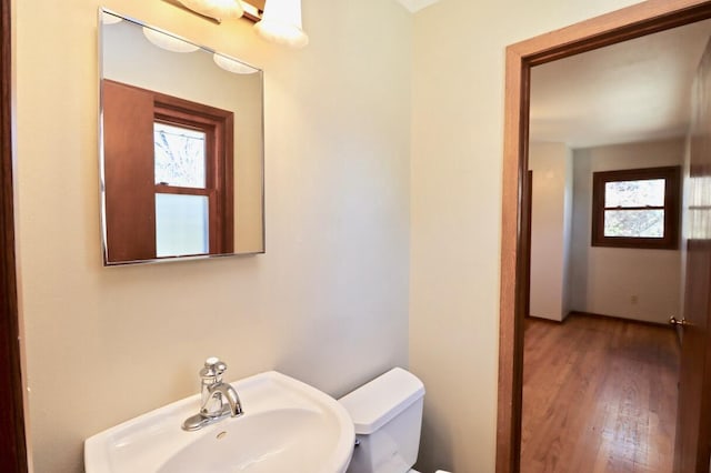 half bath featuring toilet, wood finished floors, and a sink