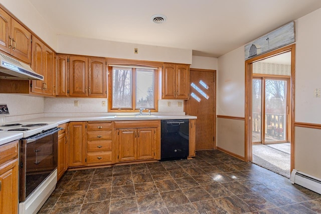 kitchen featuring visible vents, under cabinet range hood, dishwasher, white electric stove, and a baseboard radiator