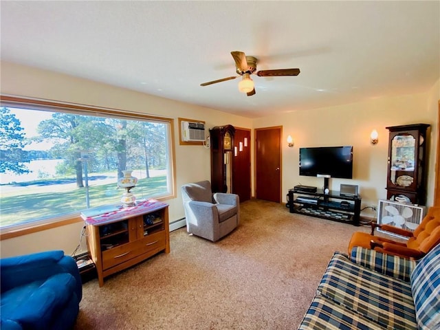 carpeted living area with a wall mounted AC, a ceiling fan, and a baseboard radiator