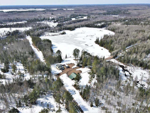 snowy aerial view with a wooded view