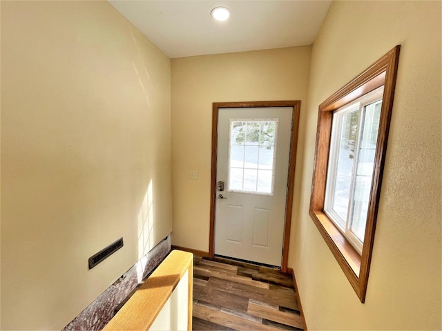 entryway featuring baseboards and wood finished floors